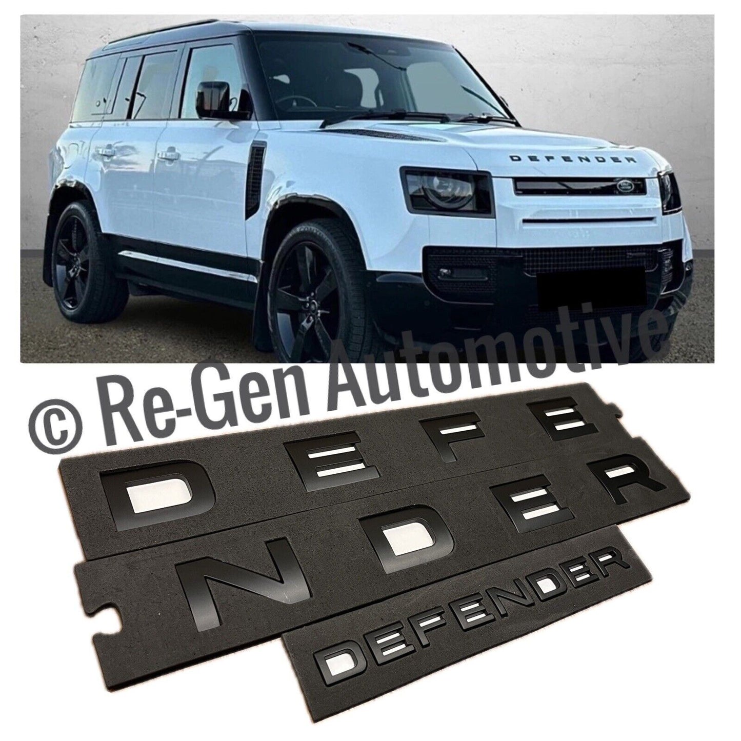 NEW DEFENDER BONNET / REAR DOOR BADGES LETTERS MATTE BLACK SELF ADHESIVE X2