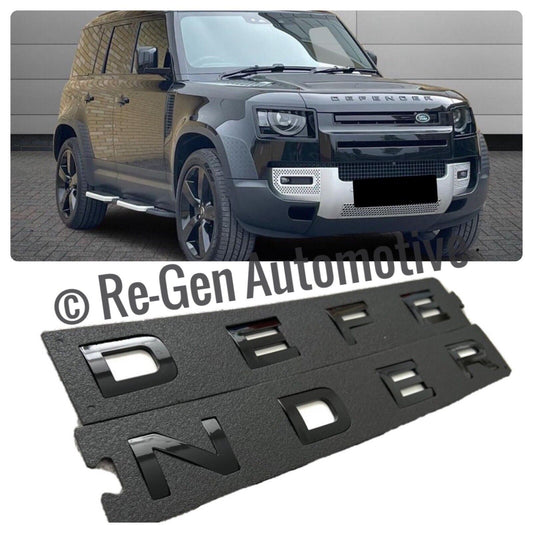 NEW DEFENDER BONNET LETTERS / BADGES GLOSS BLACK QUALITY ABS SELF ADHESIVE