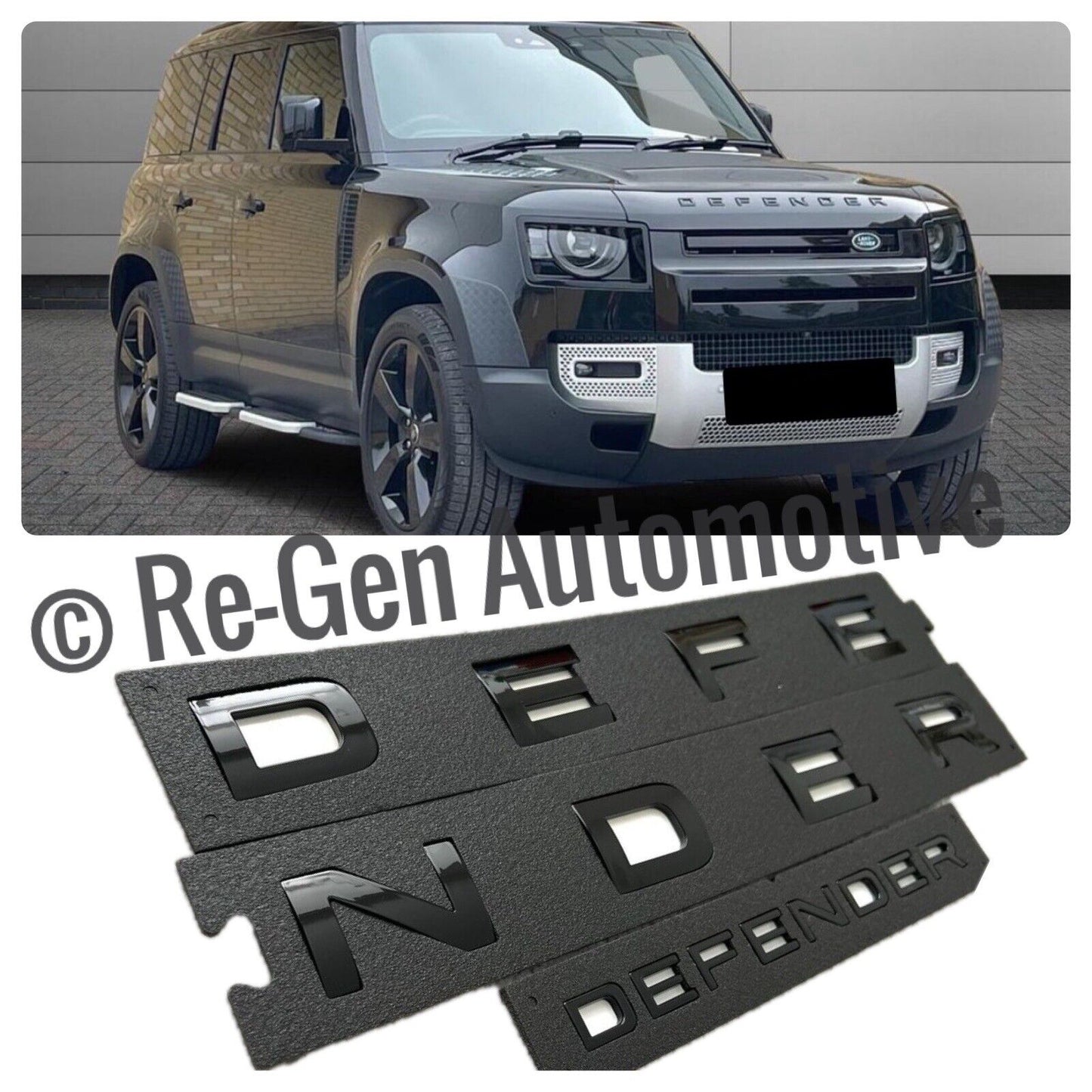 NEW DEFENDER BONNET / REAR DOOR BADGES LETTERS GLOSS BLACK SELF ADHESIVE X2